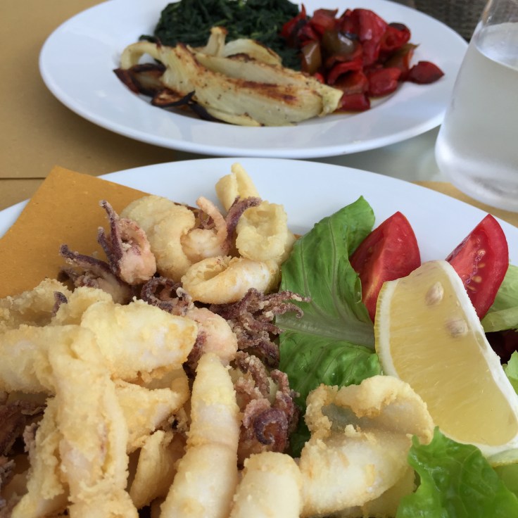 Fritto Misto - Frittura di pesce - plus a side of roasted and grilled veggies at Berardo Caffè, Pescara. Classic, timeless, perfect. 